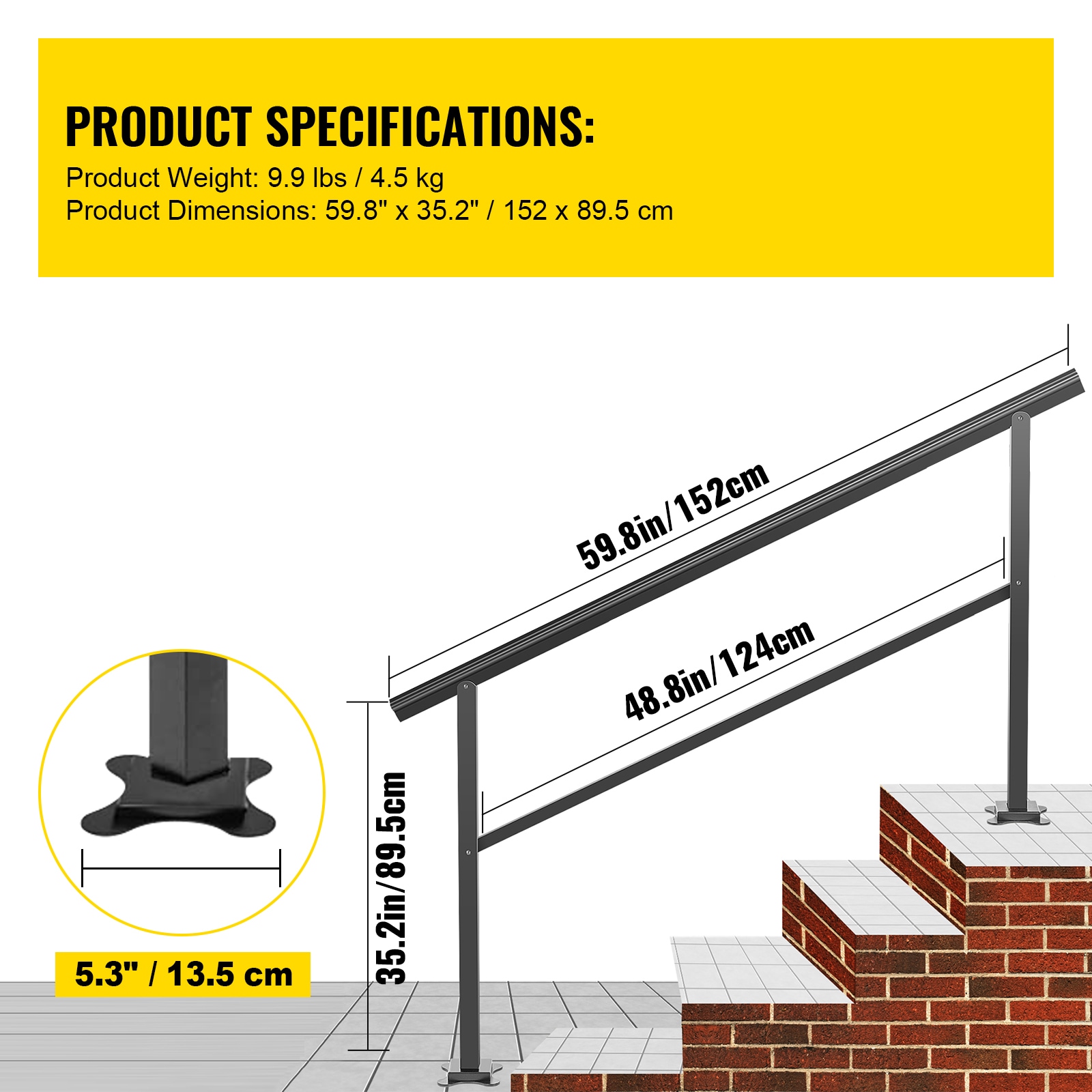 Outdoor Handrail 165LBS Load Handrail Outdoor Stairs Aluminum Stair Handrail 60 X 35" Outdoor Stair Railing Transitional Range From 0 To 30° Staircase Handrail Fits 4-5 Steps With Screw Kit_maomaolike.com